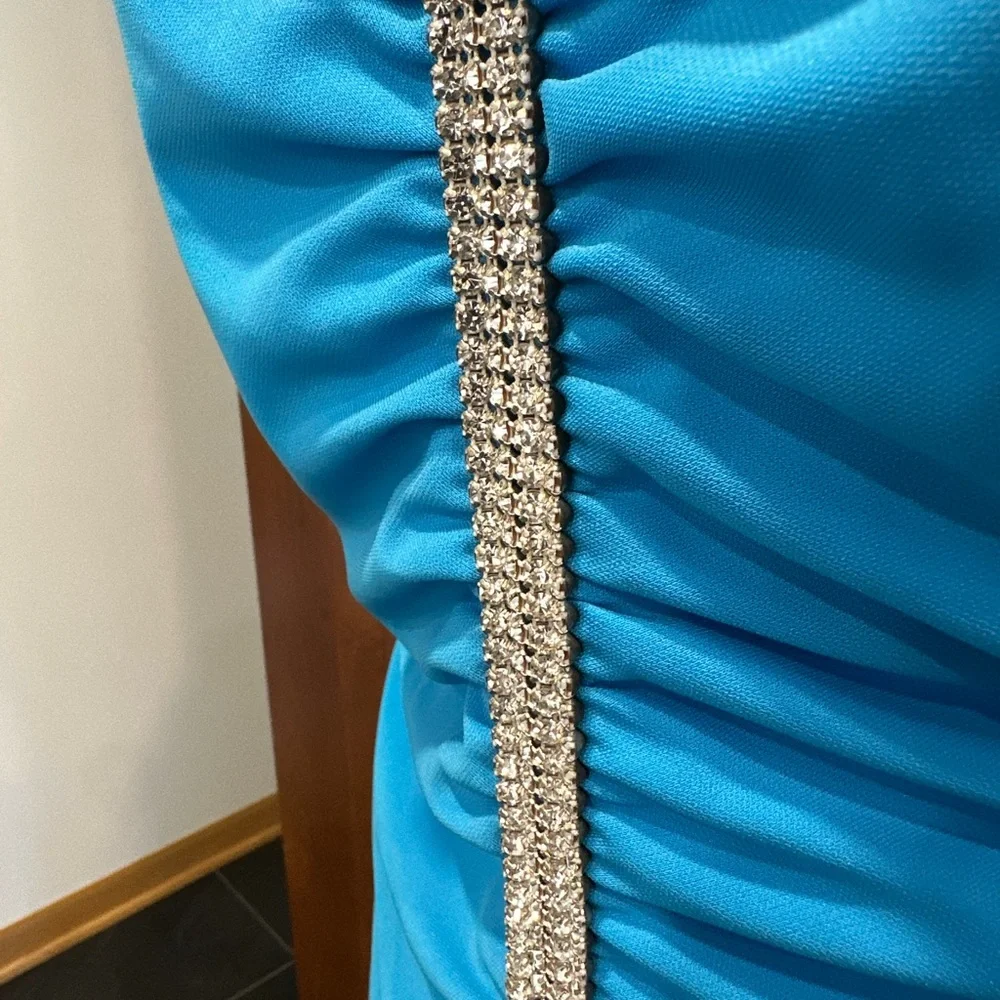 Vintage Y2K Prom Betsy & Adam Turquoise Halter Ruched Gown with Rhinestones - Picture 3 of 5
